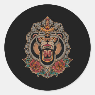 American Traditional Tattoo Flash Bear Old School Classic Round Sticker