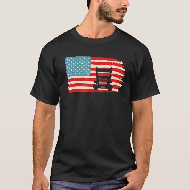 American Truck Driver Patriotic US Flag Semi Trail T-Shirt (Front)
