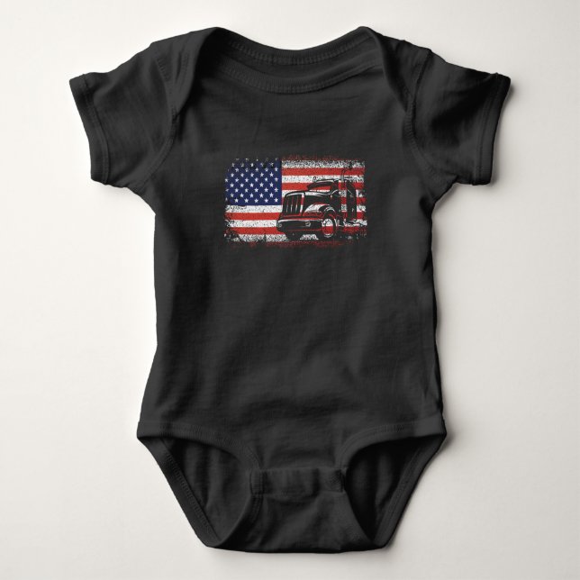 American Truck Driver US Flag 4th of July Trucker Baby Bodysuit (Front)