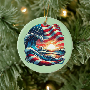 American USA Flag Beach Wave Sunset Patriotic Art Ceramic Tree Decoration