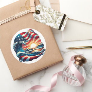 American USA Flag Beach Wave Sunset Patriotic Art Classic Round Sticker