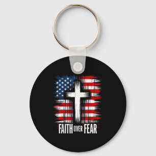 American Usa Flag Christ Faith Over Fear With Cros Key Ring
