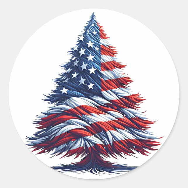 American USA Flag Christmas tree Patriotic Art Classic Round Sticker (Front)