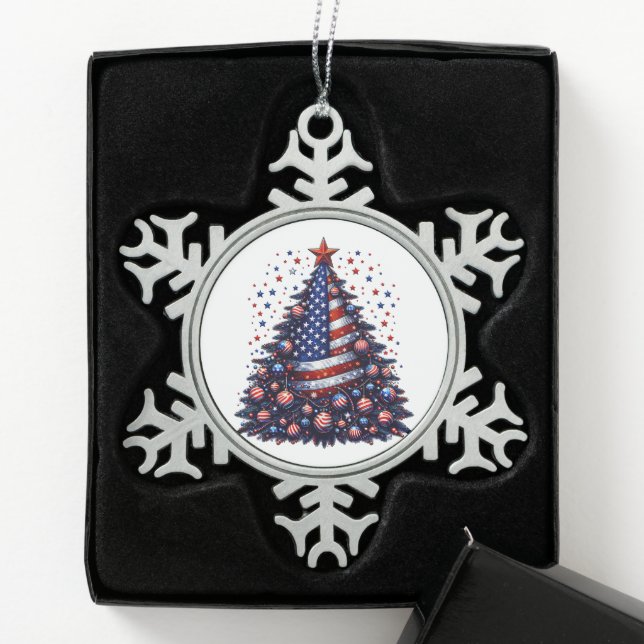 American USA Flag Christmas tree Patriotic Art Snowflake Pewter Christmas Ornament (Box)