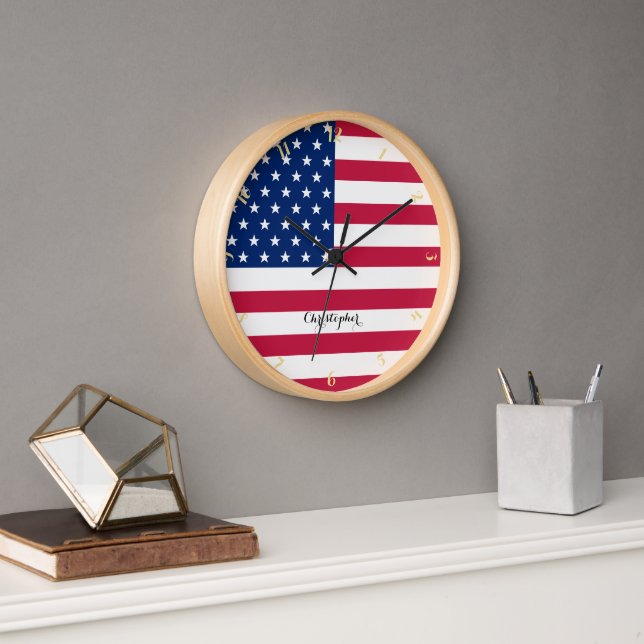 American USA Flag Patriotic Home Office Decor Name Clock (Office)