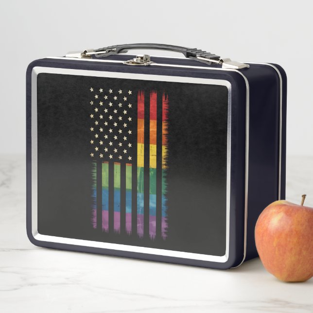 American USA Flag Rainbow Pride Gay Lesbian LGBTQ Metal Lunch Box (In Situ)