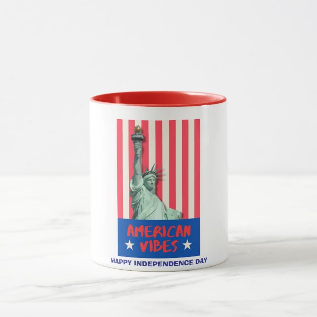 "American Vibes" Statue Liberty Red Stripes Custom Mug (Center)