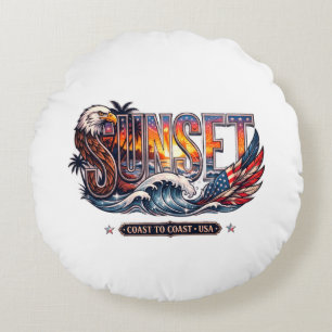American Vintage Eagle & Flag "SUNSET" Wave  Round Cushion