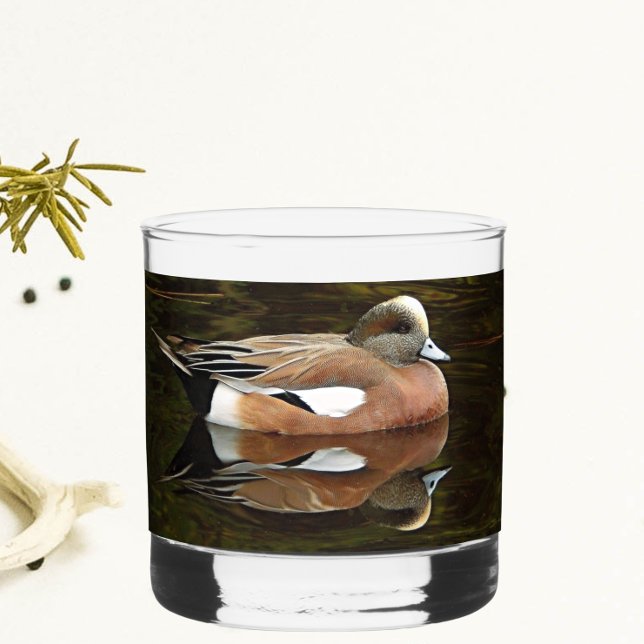 American Wigeon Duck on Pond Whiskey Glass (In Situ)