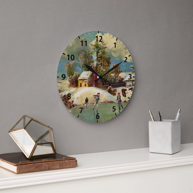 American Winter Life Christmas Scene Large Clock (Office)