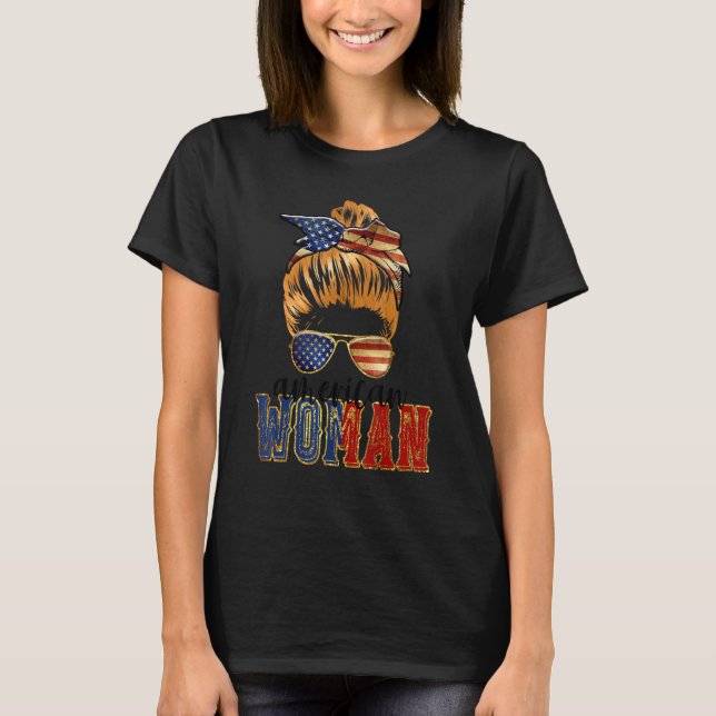 American Woman Flag Print In Glasses T-Shirt (Front)