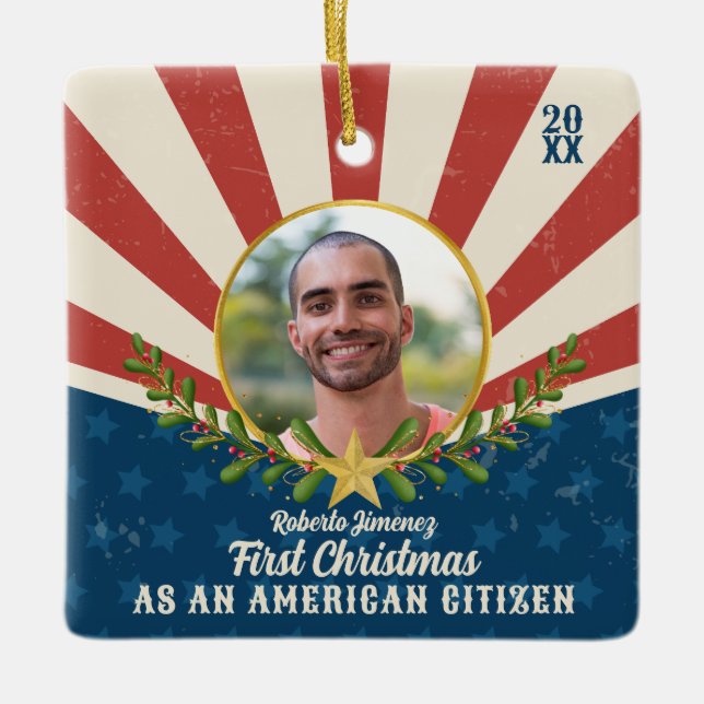 Americana First Christmas US Citizenizenship Gift Ceramic Ornament (Front)