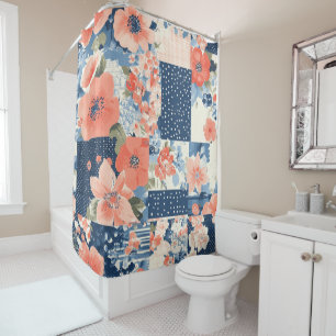 Americana Floral Patchwork Quilt in Navy and Coral Shower Curtain