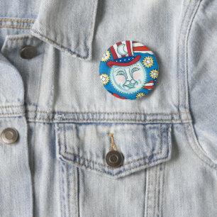 AMERICANA FOLK ART PATRIOTIC MAN IN THE MOON 6 CM ROUND BADGE