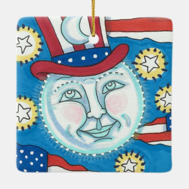 AMERICANA FOLK ART PATRIOTIC MAN IN THE MOON CERAMIC ORNAMENT (Back)