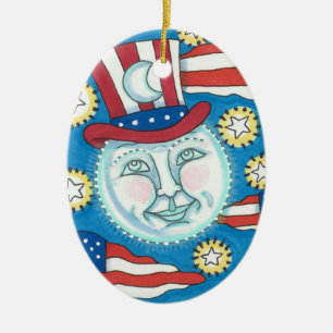 AMERICANA FOLK ART PATRIOTIC MAN IN THE MOON  CERAMIC TREE DECORATION