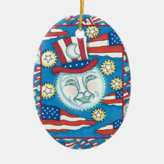AMERICANA FOLK ART PATRIOTIC MAN IN THE MOON CERAMIC TREE DECORATION