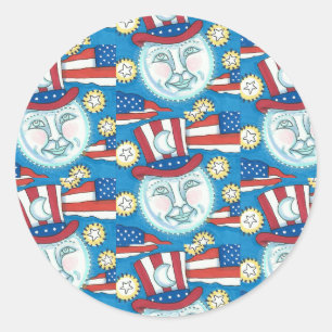 AMERICANA FOLK ART PATRIOTIC MAN IN THE MOON CLASSIC ROUND STICKER