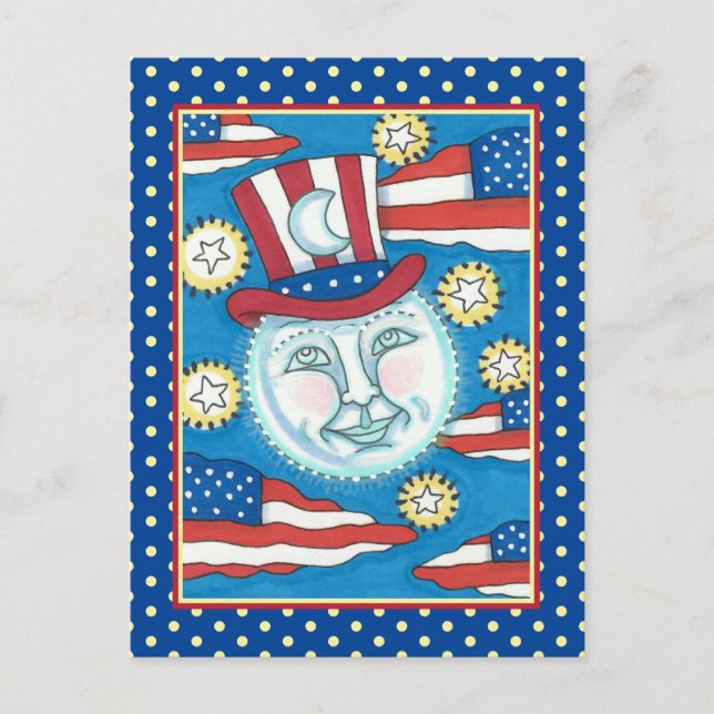 AMERICANA FOLK ART PATRIOTIC MAN IN THE MOON HOLIDAY POSTCARD (Front)