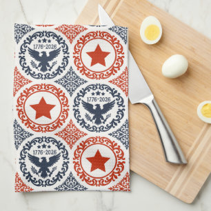Americana Heritage Eagle Medallion -Navy Red Cream Tea Towel