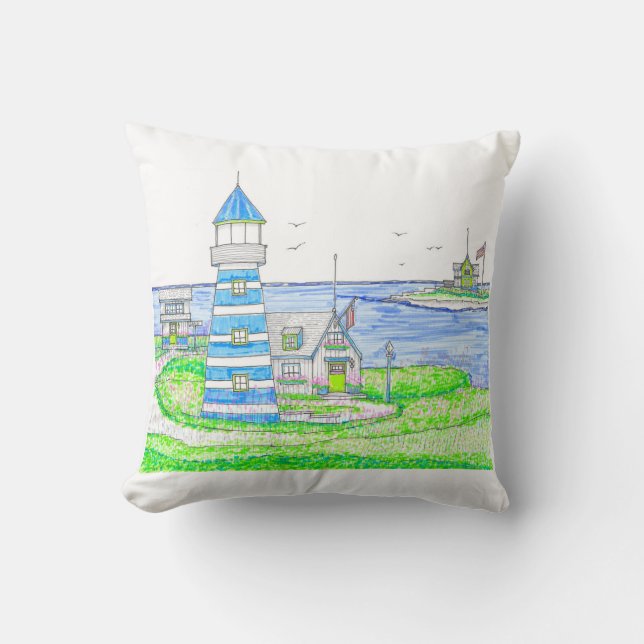 Americana Lighthouse Pillow; Blue Cushion (Front)