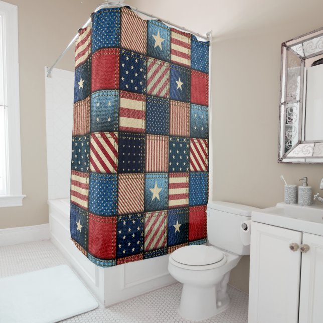 Americana Patchwork Image Shower Curtain (In Situ)