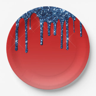 Americana Red Blue Glitter Drip Paper Plate
