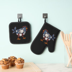 Americana Red White and Blue Chicken Rooster Oven Mitt & Pot Holder Set