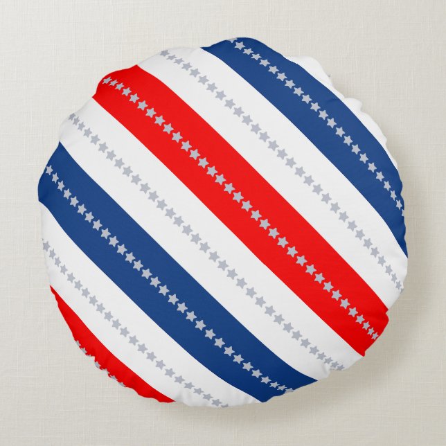 Americana Red White Blue Stars & Stripes Round Cushion (Back)