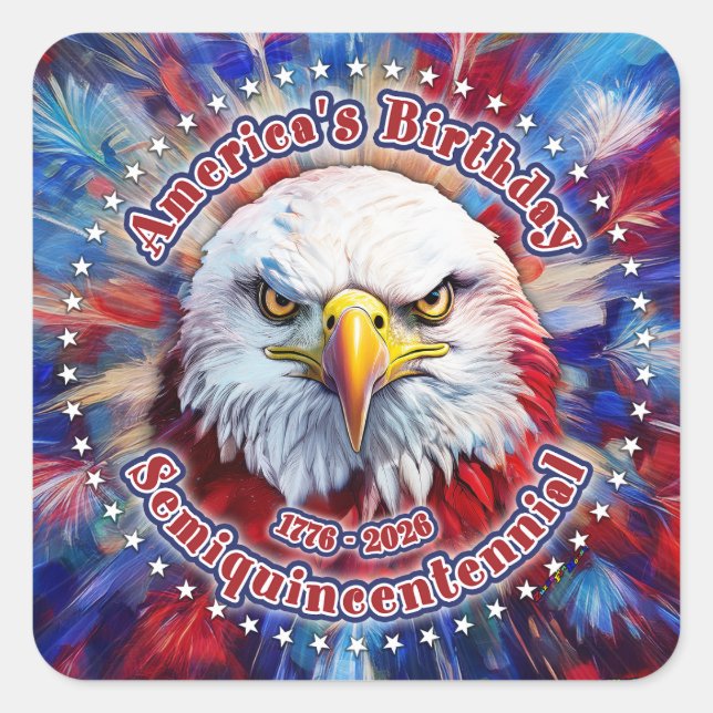 America's Birthday Semiquin Red Eagle Fireworks Square Sticker (Front)