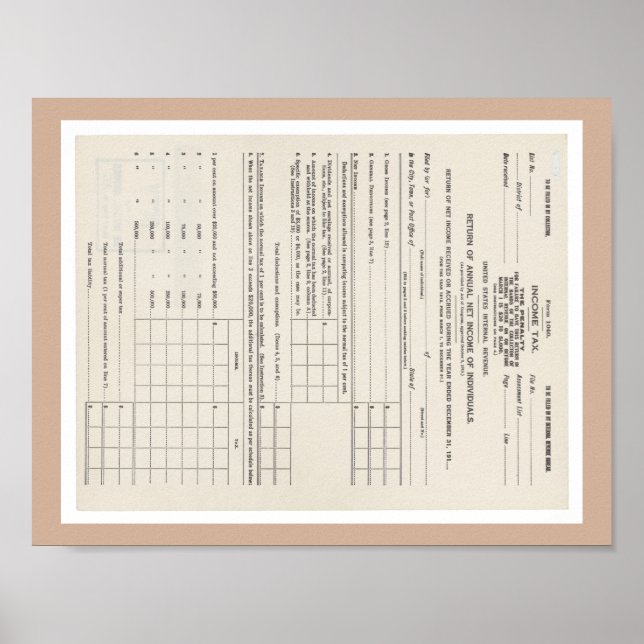 America's First Income Tax Form 1040 Poster (Front)