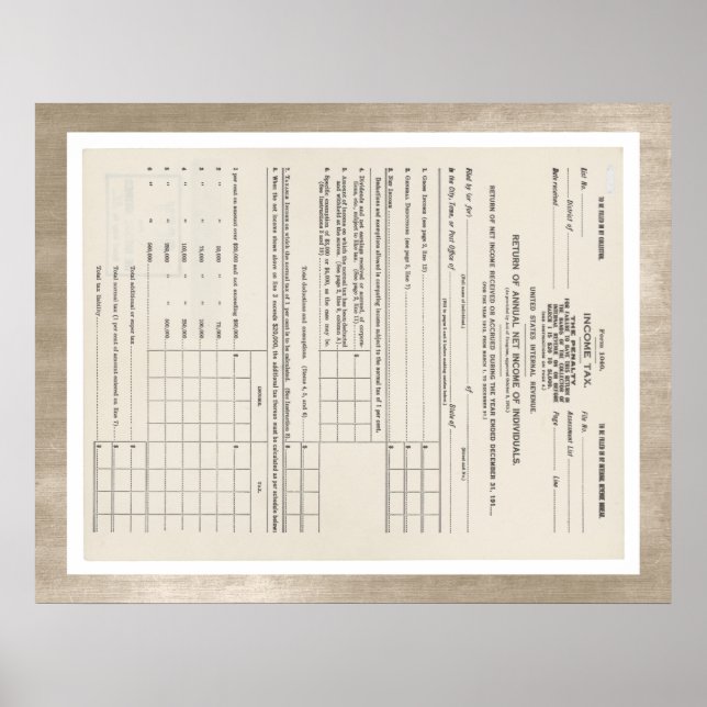 America's First Income Tax Form 1040 Red Poster (Front)