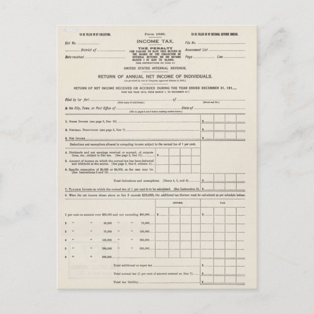 America's First Income Tax Form Postcard (Front)