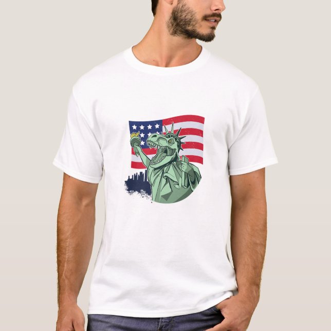 Amerisaurus Dinosaur T Rex Statue Of Liberty Ameri T-Shirt (Front)