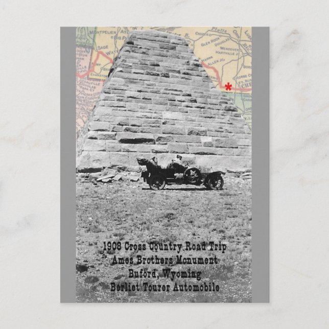 Ames Bros Monument with map 1908 road trip Postcard (Front)