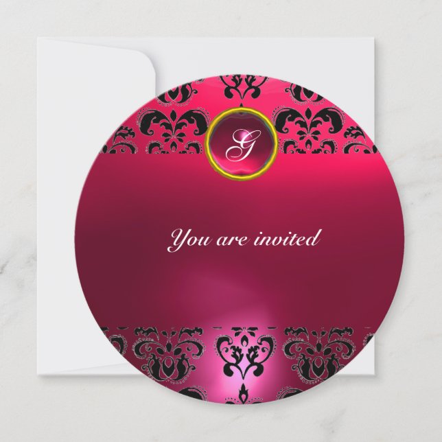AMETHIST DAMASK GEM STONE MONOGRAM black pink Invitation (Front)