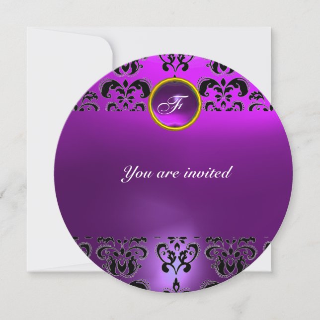 AMETHIST DAMASK GEM STONE MONOGRAM black purple Invitation (Front)