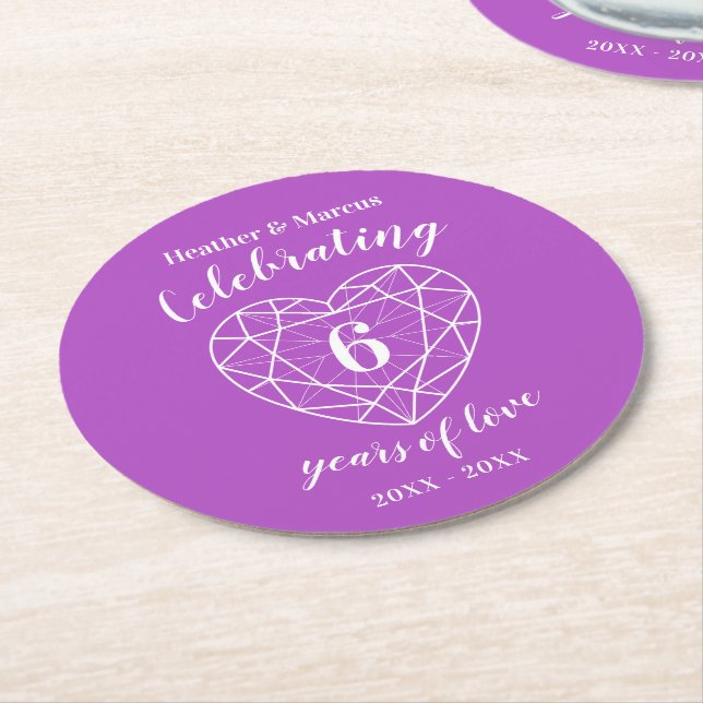 Amethyst 6 years of love personalised coasters (Angled)