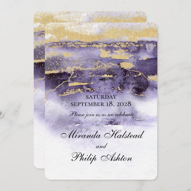 Amethyst And Gold Modern Painting Wedding Invitation (Front/Back)