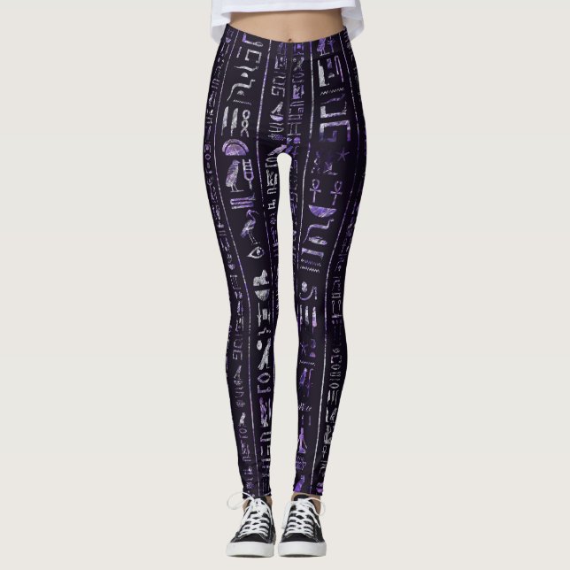 Amethyst and Silver Egyptian hieroglyphics pattern Leggings (Front)