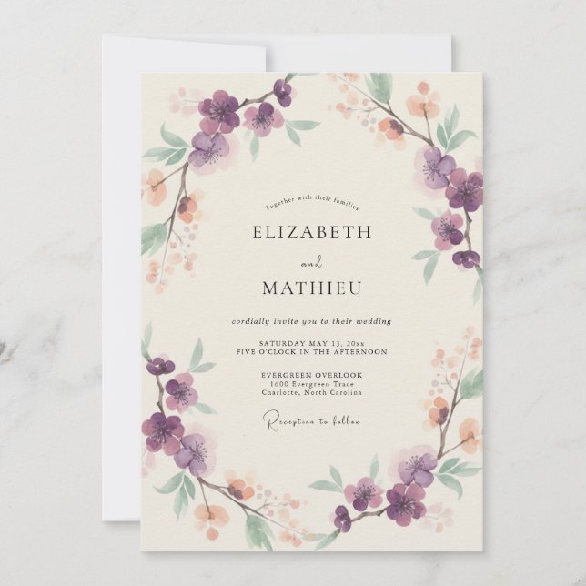 Amethyst Apricot Branch Eucalyptus Wedding Invitation (Front)