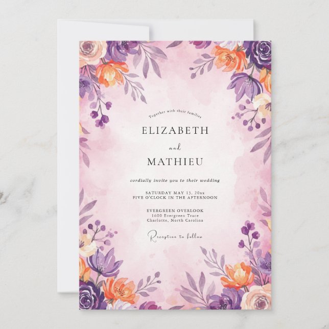 Amethyst Apricot Leaf Wedding Invitation (Front)