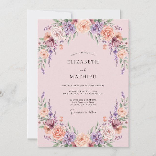 Amethyst Apricot Wreath Wedding Invitation (Front)
