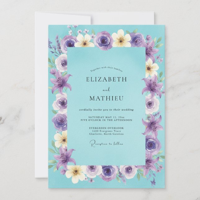 Amethyst Aqua Wreath Wedding Invitation (Front)