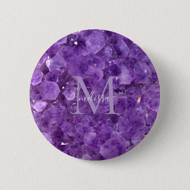 Amethyst Birthstone Monogram Personalised Name 6 Cm Round Badge (Front)