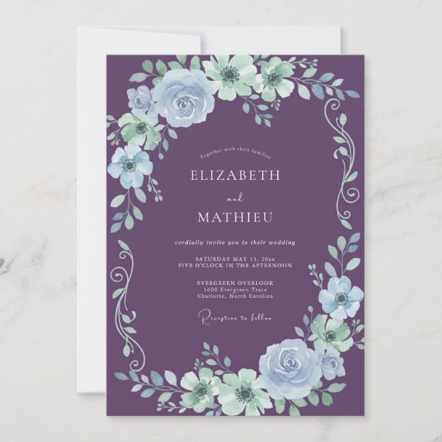 Amethyst Bouquet Eucalyptus Wedding Invitation (Front)