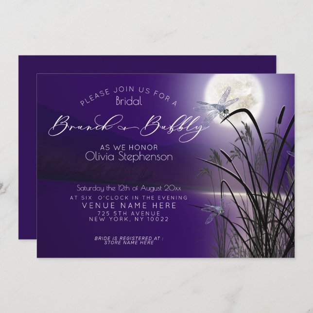 Amethyst Brunch Bubbly Full Moon Dragonfly Invitation (Front/Back)
