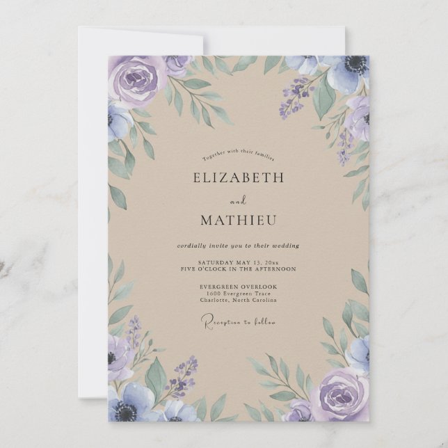 Amethyst Champagne Foliage Grey Eucalyptus Wedding Invitation (Front)