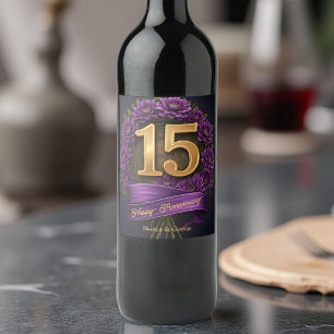 Amethyst Chrysanthemum 15th Wedding Anniversary  Wine Label