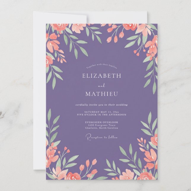 Amethyst Coral Leafy Wedding Invitation (Front)